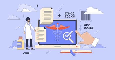 Medical coding training as study for billing tiny person neubrutalism concept. Healthcare online system with CPT and ICD codes as medical services transformation into medical alphanumeric codes.