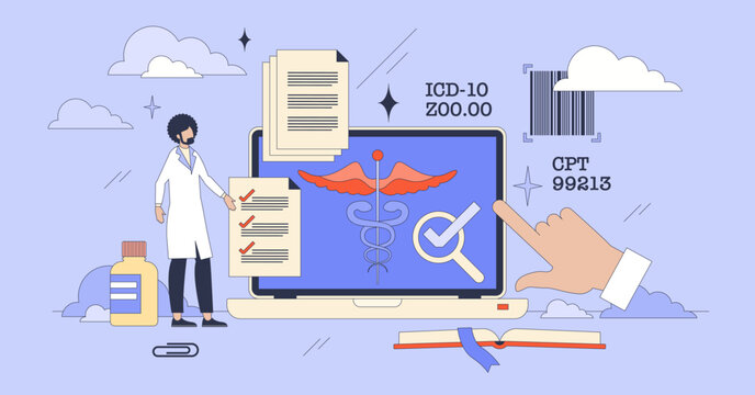 Medical coding training as study for billing tiny person neubrutalism concept. Healthcare online system with CPT and ICD codes as medical services transformation into medical alphanumeric codes.