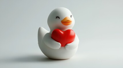 Cute rubber duckie holding a red heart against a simple background