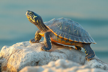 Fototapeta premium A solitary turtle sunbathing on a rocky shore 