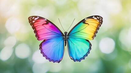 Obraz premium a vibrant and colorful butterfly with its wings spread open. The wings display a gradient of colors, transitioning from pink and red at the top, through shades of orange