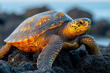 Obraz premium A solitary turtle sunbathing on a rocky shore 
