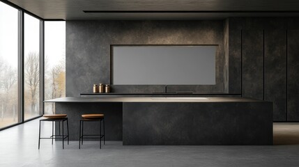 Modern Kitchen Interior with Black Walls and Island Counter