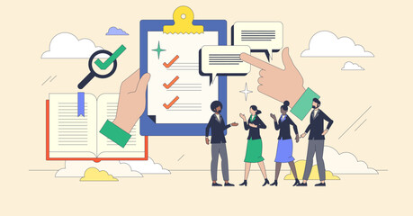 Qualitative research methods for sociology tiny person neubrutalism concept. Analyze community using interview, focus groups and observation vector illustration. Scientific people data evaluation.