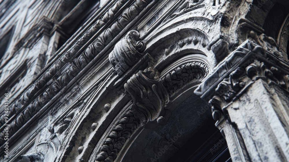 Poster close-up of intricate stone carvings on a building facade