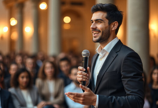 A photo of a candid speaker person giving a speech to a diverse audience