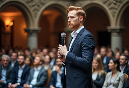 A photo of a candid speaker person giving a speech to a diverse audience