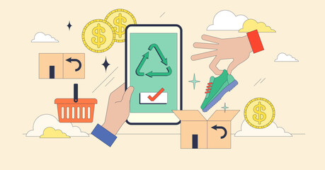Reverse commerce to buy products cheaper tiny person neubrutalism concept. Recommerce business for second hand clothing and returned goods reselling vector illustration. Refurbished goods marketplace