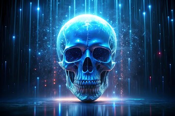cyber attack hackers, the concept of hacking servers, skull with a binary stake matrix on the background of a series of supercomputers data center. 3D Illustration