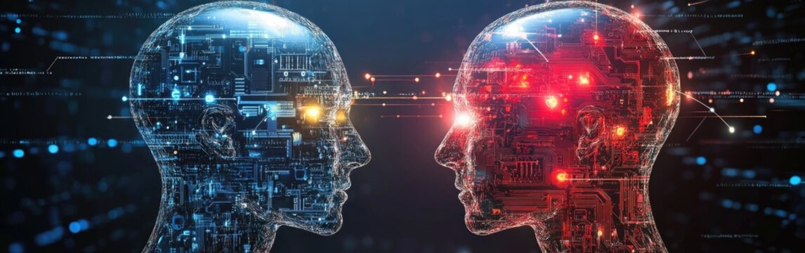 Two digital figures communicate through advanced artificial intelligence connections