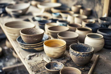 Ceramic Bowls Arranged on Wooden Table