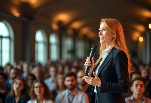 A photo of a candid speaker person giving a speech to a diverse audience