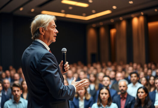 A photo of a candid speaker person giving a speech to a diverse audience