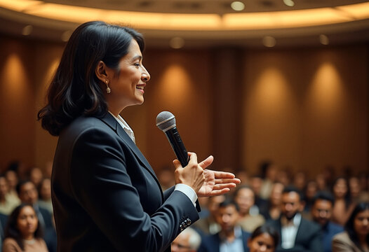 A photo of a candid speaker person giving a speech to a diverse audience