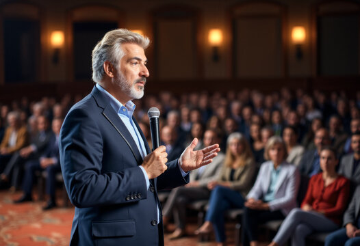 A photo of a candid speaker person giving a speech to a diverse audience