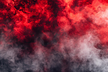 A dramatic burst of red smoke expands against a solid black background, creating a striking contrast. The swirling, cloud like formation captures the dynamic motion and intensity of the explosion.