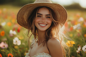 A springtime portrait of a smiling woman in a blooming