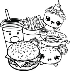 Cute kawaii coloring page for kids. Cartoon vector characters. happy cute and funny fast food, Black and white illustration. Black and White.