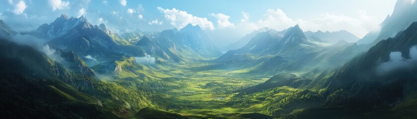 Fototapeta premium Majestic Mountain Range with Lush Valley and Clouds