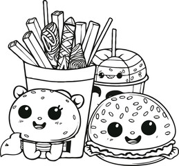 Cute kawaii coloring page for kids. Cartoon vector characters. happy cute and funny fast food, Black and white illustration. Black and White.