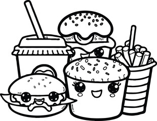 Cute kawaii coloring page for kids. Cartoon vector characters. happy cute and funny fast food, Black and white illustration. Black and White.