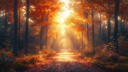 Dense Forest in Autumn with Colorful Leaves Falling and Creating a Scenic Atmosphere