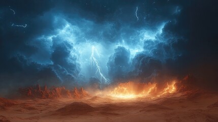 Dramatic Thunderstorm Over a Vast Desert Landscape Lit by Lightning and Dark Clouds
