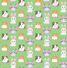 Seamless cartoon pattern with cute rabbit, hamster, guinea pig and chinchilla. Vector colorful kawaii backdrop in flat style	