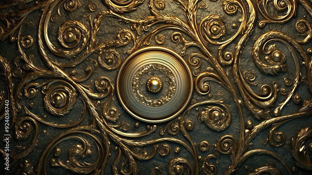 Wall mural background of gold metal abstract with waves ornament abstract background with gold circles texture wedding art chic luxury glamorous wallpaper pattern