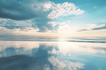 Fototapeta premium Tranquil sunset over calm ocean with reflective clouds at the beach. Generative AI