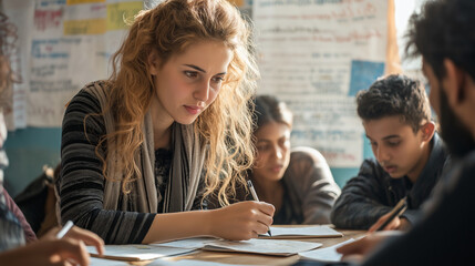 Focused Female Student Engaged in Group Study Session at Sunlit Classroom