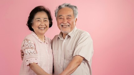 Fototapeta premium An elderly couple shares a joyful moment, smiling warmly while embracing each other in a bright setting