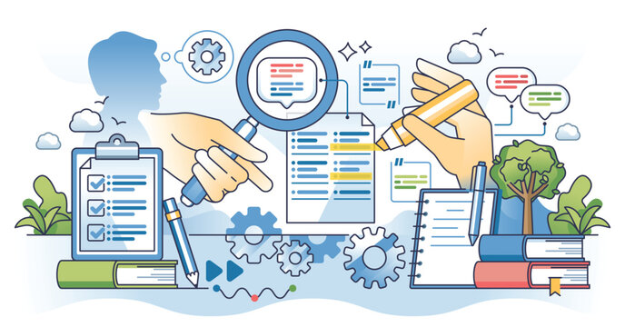 Qualitative content analysis and deep text data study outline hands concept. Empirical information classification methodology using deep analytical approach vector illustration. Info context research