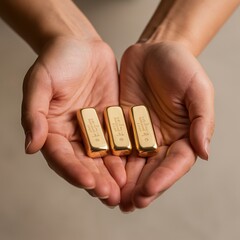 Fototapeta premium A Pair of Hands Delicately Holding Three Golden Bars: A Symbol of Wealth and Security, Investing in Gold: The Delicate Art of Holding Wealth in Your Hands, Secure Your Future: Hands Grasping Three Gol