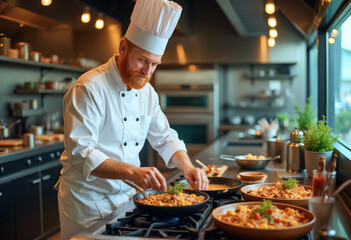 photo of a professional chef cook, cooking appetising meals on a modern commercial kitchen of a restaurant