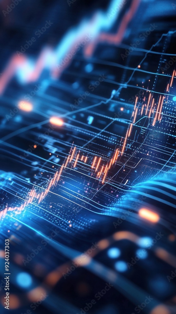 Poster 2d animated background featuring a series of interconnected financial graphs, with flowing data stre
