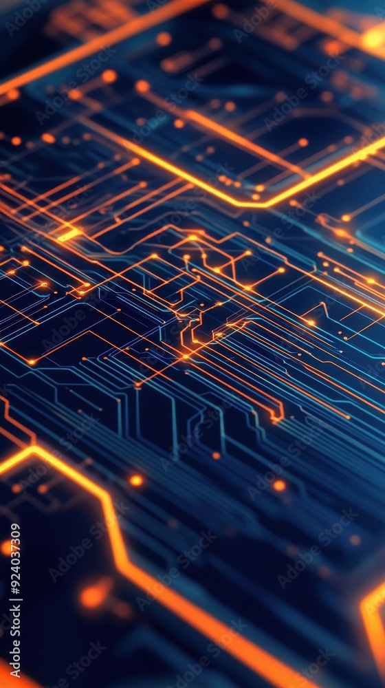 Poster 2d animated background of a complex circuit board, with glowing lines tracing the connections, creat