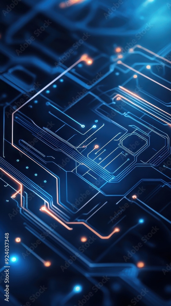 Poster 2d animated background of a complex circuit board, with glowing lines tracing the connections, creat