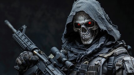 A cyborg-like skeletal figure in a black hooded cloak and special forces uniform, clutching a high-tech rifle, with a menacing red glow emanating from the eyes.