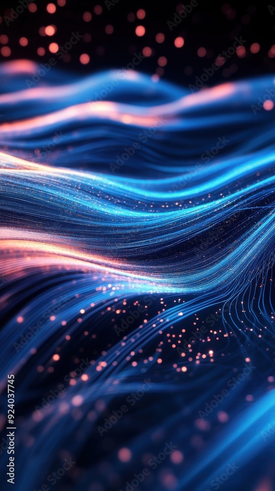Poster 3d loop of abstract data streams flowing through a dark, futuristic environment, with lines and part