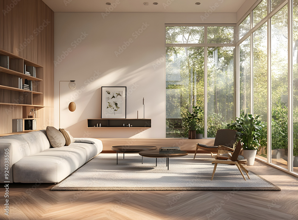 Wall mural modern living room with wooden accents and large windows. 3d rendering