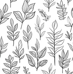 seamless pattern of various leaves in the line art style, white background, monochrome design