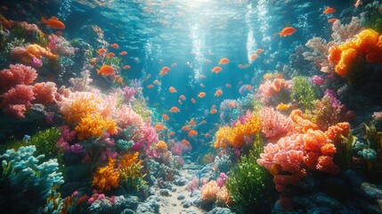 Pristine Coral Reef Teeming with Vibrant Marine Life in a Clear Blue Ocean