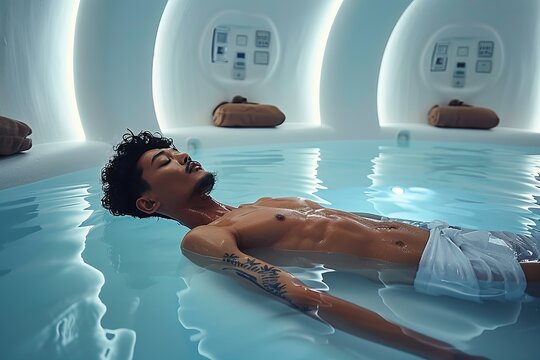 man floating peacefully in biohacking sensory deprivation pod float tank