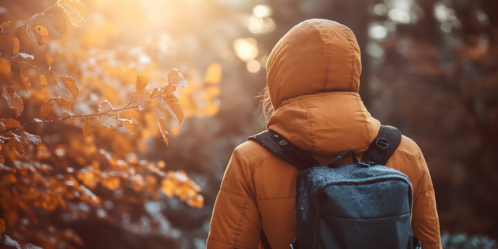 Person in orange jacket with backpack enjoying autumn forest scenery, golden sunlight through frosty leaves, outdoor adventure and seasonal nature concept