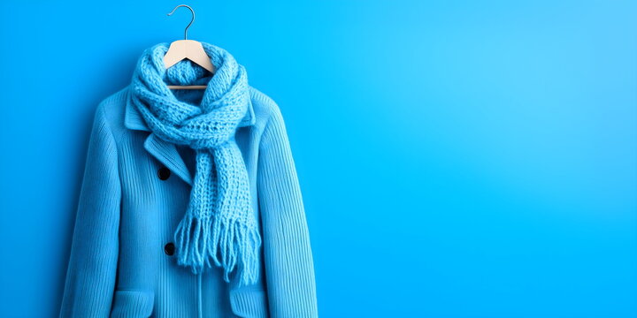 Light blue knitted scarf and matching sweater on hanger against bright blue background, winter fashion and coziness. Banner with copy space