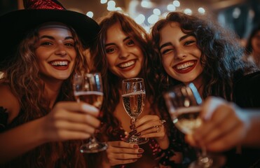 Fototapeta premium Friends in costume clinking champagne glasses at a Halloween party, celebrating joyfully together