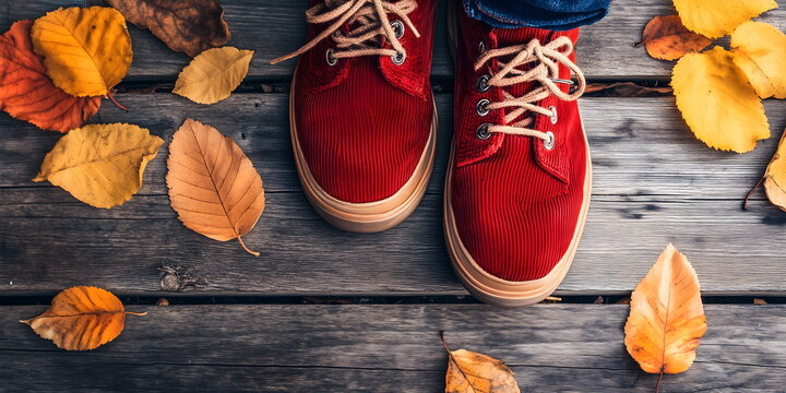 Red corduroy sneakers on wooden deck surrounded by colorful autumn leaves, casual fall fashion and outdoor lifestyle - Powered by Adobe