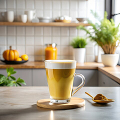 Glass of Latte on Modern Kitchen Counter with Sunlight