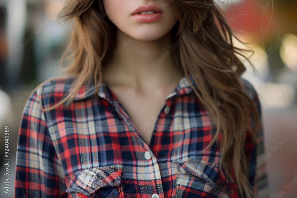 Wall mural Close-up of woman wearing red and blue plaid flannel shirt with autumn background